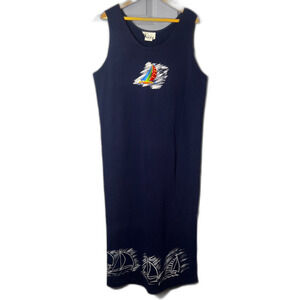 Foot Prints Vintage Navy Blue Cotton Blend Sleeveless Maxi Dress Sailboat Sz XL
